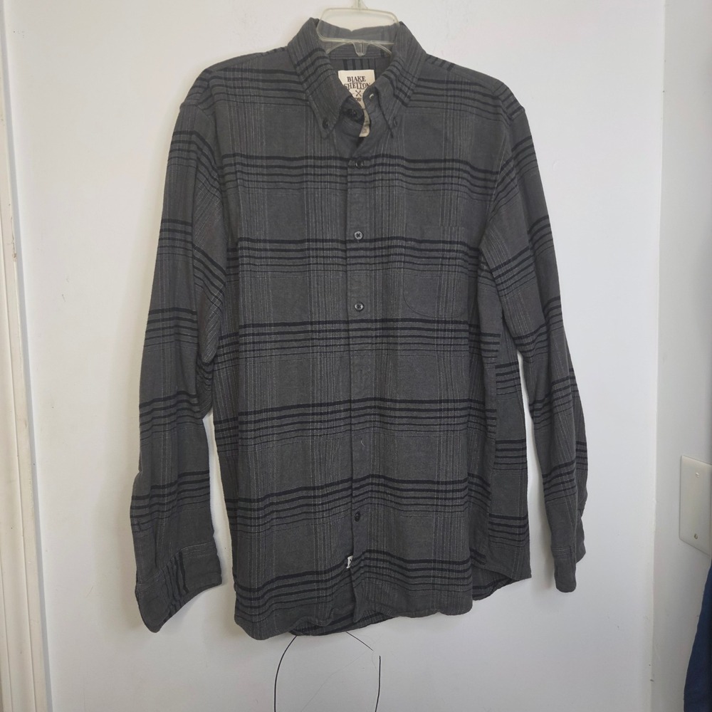 Blake Shelton x Lands End Mens Large Gray Black Striped Flannel Button Dow